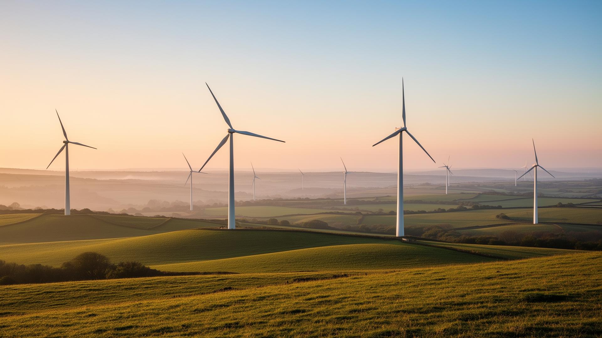 Wind turbines on rolling British countryside at golden hour, representing renewable energy and sustainable business operations